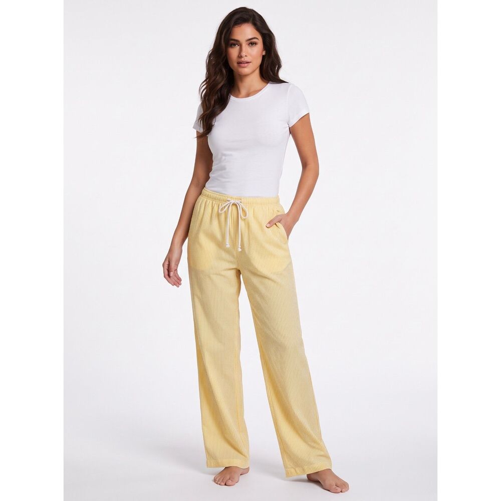SHEIN Yellow with thin white vertical stripes wide leg pants in a M
